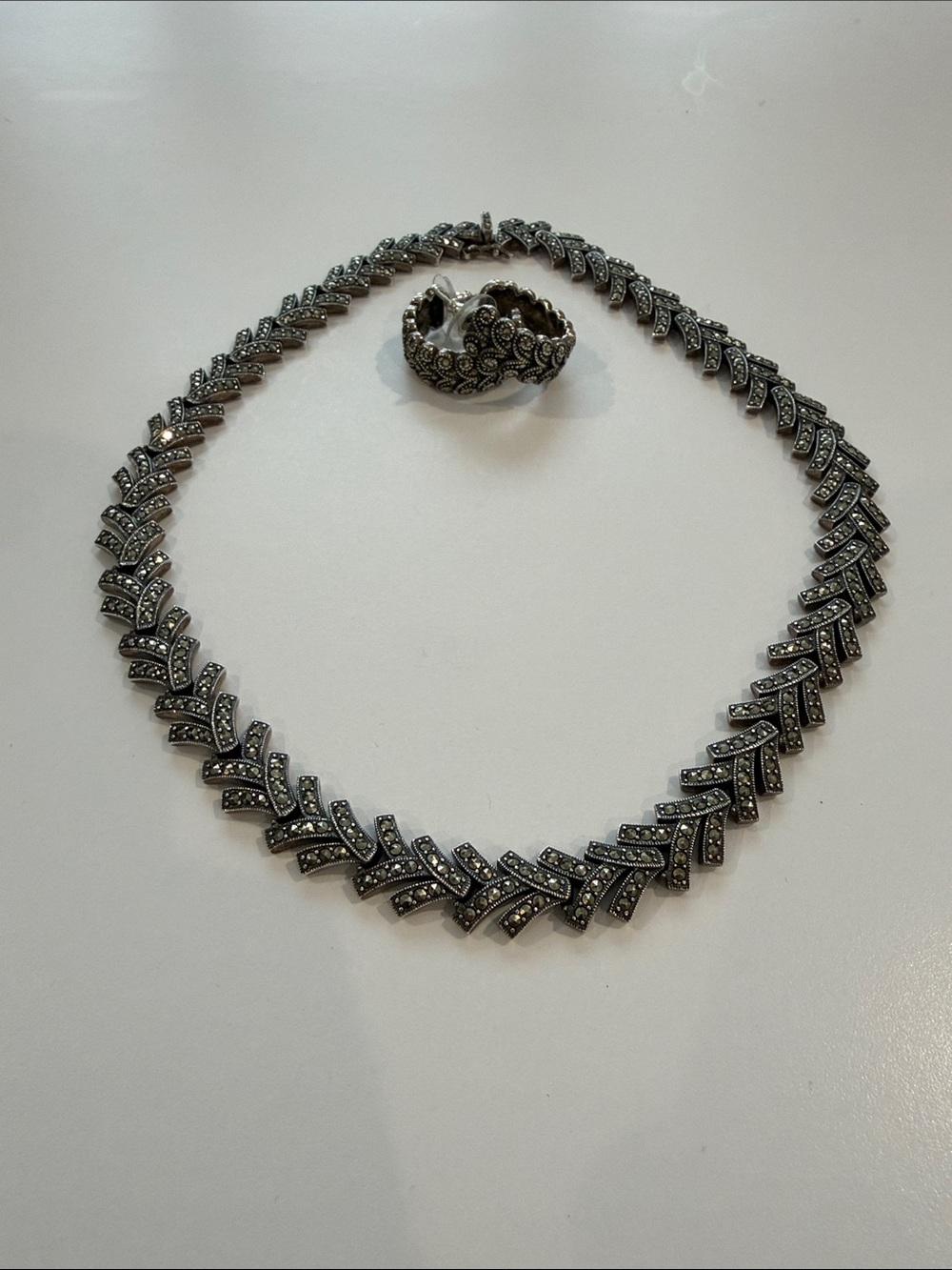 Judith Jack Vintage Sterling Silver Marcasite Chevron Necklace and Earring Set